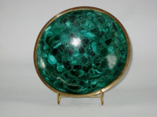 Vintage Green Malachite Stone Bowl With Brass Trim 7 " Diameter