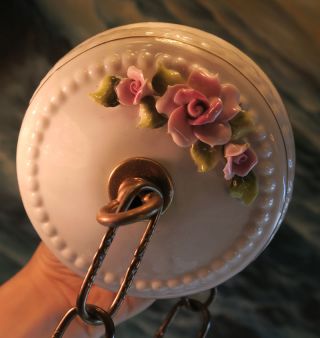 Canopy Ceiling Cap Part Vintage Porcelain Lamp Chandelier Pink Roses Beaded 1o2