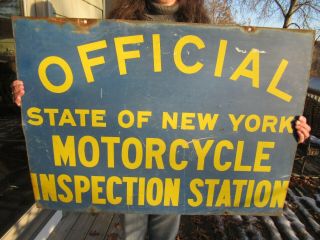 Vintage State Of York Motorcycle Inspection Station Sign 2 Sided Ds