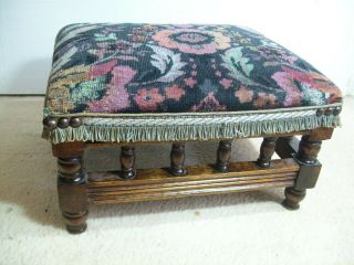 Antique Small Solid Wood Foot Stool With Tapestry Top