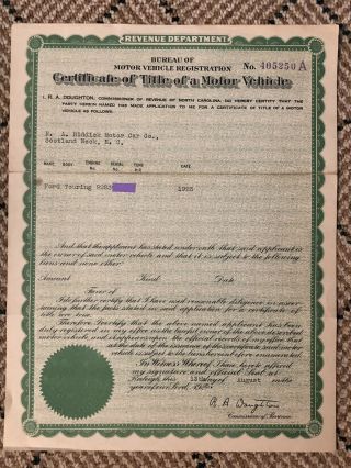 1923 Ford Model T Touring Certificate Of Title North Carolina Reg Historic Only