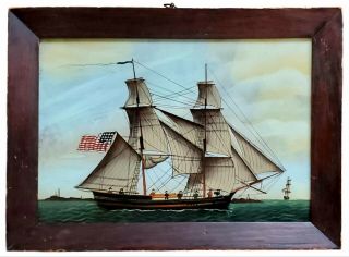 Antique 19th C American Folk Art Sailor Painting On Glass Maritime Ship Scooner