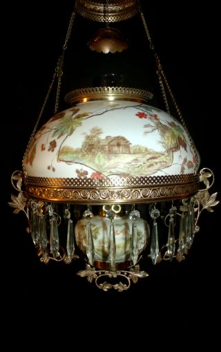 Antique Miller Hanging Oil Lamp (matching Shade & Font Farm Scene)