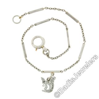 Antique Art Deco Platinum Diamond Squirrel Charm Dangle Bar Cable Chain Bracelet