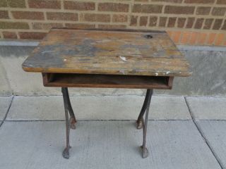 Vintage Wood Cast Iron School Desk.