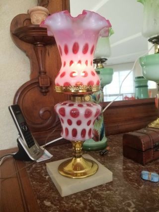 Antique Fenton Coin Dot Cranberry Electrified Lamp with Marble Base 3
