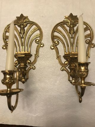 2of 2 Vintage Set Of 2 Pure Brass Wall Sconces,  Candle Holders 12”h