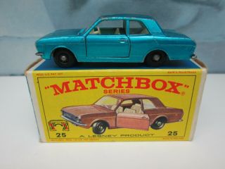 Matchbox/ Lesney 25d Ford Cortina Mk 2 Blue - Black Plastic Wheels - Boxed