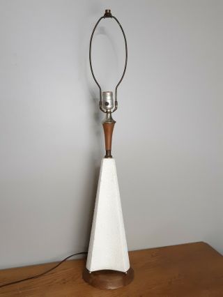 Vintage Mid Century Modern White Ceramic And Wood Pyramid Table Lamp