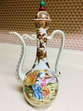 Vintage Chinese Hand Painted Rose Canton Porcelain Wine Pitcher