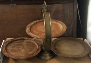 Antique Brass & Wood Folding Tiered Server - Marked: India - 10 " T By 15 1/2 " W