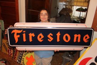 Large Vintage 1947 Firestone Tires Gas Station 48 " Embossed Metal Sign