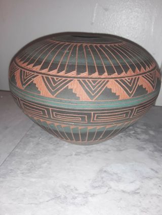 Navajo Native American Etched Pottery Bowl Signed,  Southwest Home Decor