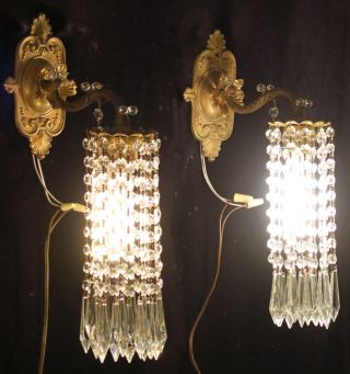2 Vintage Brass Fountain Waterfall Crystal Prism Lamp Sconces French Beaded