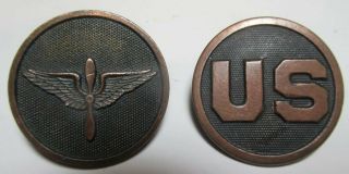 World War I (1) Left & Right Bronze Air Corp Collar Disk 1918 - 1924 Screw Back