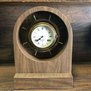 Vintage Brass German Marine Ships Bell Clock W Key Benchmark / In Wood Stand