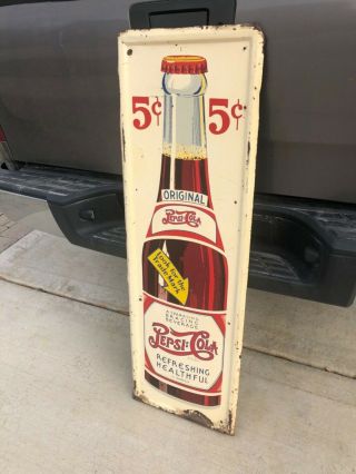 1930/40’s Pepsi Cola Sign Bottle Double Dot Soda Pop 5 Cent 49” Rare Gas Oil 2