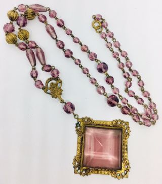 Art Deco Signed Czech Necklace Faceted Amethyst Glass Filigree Vintage Jewelry
