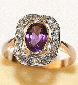 Antique Victorian French Bicolor 18k Gold Rose Diamonds.  75ct Amethyst Ring 1900