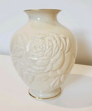 Lenox Rose Vase Cream Porcelain Glossy Embossed 7 " Tall 24kt Gold Trim Usa