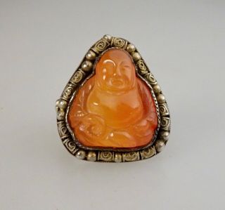 Vintage Chinese Export Silver Carved Carnelian Buddha Ring - 56363