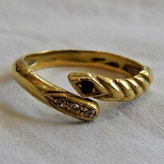 Antique 14k Yellow Gold Snake Ring With Diamond Chips Tail & Ruby Head