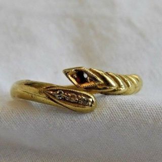 Antique 14K Yellow Gold Snake Ring with Diamond Chips Tail & Ruby Head 2