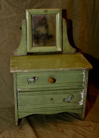 Antique Painted Green Wood Doll Dresser W Vanity Mirror For Repair