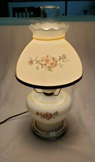 Vintage Milk Glass Hurricane Styled Table Lamp W/3 - Way Light Floral Design