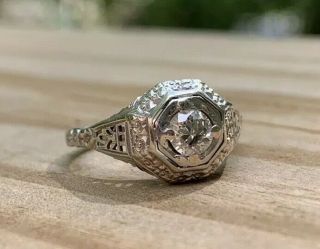 Art Deco.  5 Carat Filigree Diamond Ring 18k White Gold