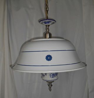 Vtg Hanging Light Lamp Blue/white French Country Flowers Chandelier Metal/glass