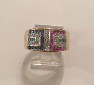 Vintage 14k Yellow Gold Diamond Ruby Sapphire & Emerald Cocktail Ring