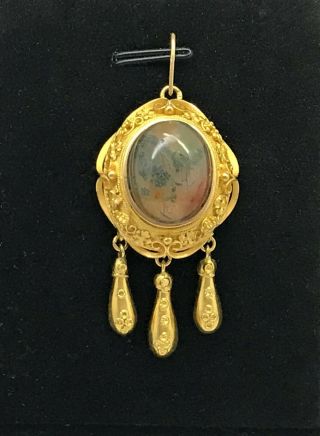 15ct Gold Antique Victorian Etruscan Style Pendant Set With A Moss Agate