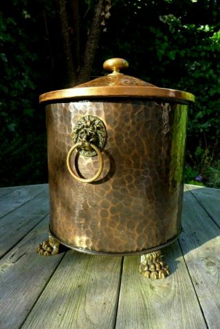 Vintage Copper Coal Bucket With Brass Lion Head Handle Also Lion Feet,  Lid Inc.