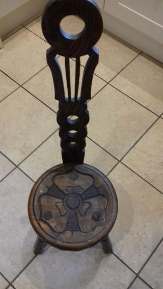 Unusual Old Carved,  Wooden,  Milking Stool With High Back.