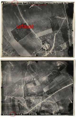 2 German Wwi Aerial Photos Essarts Shelled Battlefield 1918