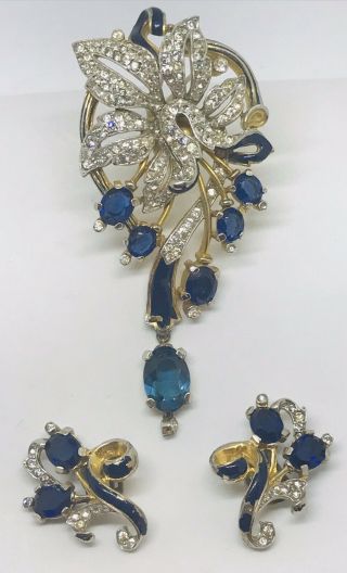 Rare Vintage Trifari Alfred Philippe Princess Eugenia Enamel,  Pave Sapphire Set
