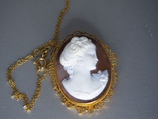Victorian 18k Yellow Gold Shell Cameo Pendant Brooch Pin Necklace