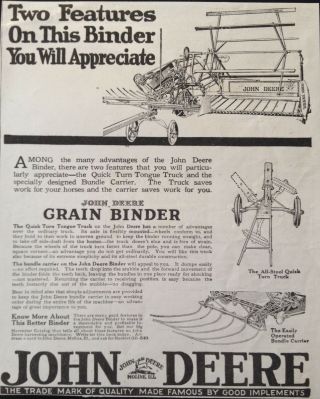 1918 Ad (xx33) John Deere Co.  Moline,  Ill.  John Deere Grain Binder