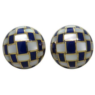Vintage Tiffany & Co 18k Gold Mother Of Pearl Lapis Checkerboard Earrings