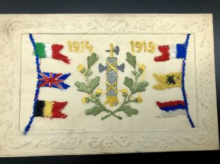 1914 - 1915: Ww1 Embroidered Silk Postcard Flags Of The Allied Forces