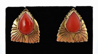 Vintage 14k Gold Natural Red Coral Carved Carving Cabochon Earrings Marked