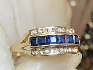 Estate Antique 14k Gold Natural Blue Sapphire & Diamond Band Ring Art Deco