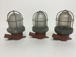3 Vintage Industrial Explosion Proof Caged Lights Westinghouse Nautical