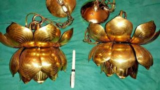 Pair Vintage Feldman Era Hw Regency Parzinger Etched Brass Lotus Pendants Lamps