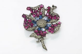 Trifari By Alfred Philippe 1940’s Pink Blue Crystal Flower Brooch