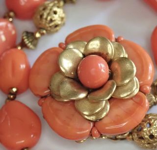 Vintage Miriam Haskell Gold Gilt Brass Coral Art Glass Bead Flower Necklace