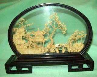 Vintage Oriental Asian Carved Cork Scene 3d Diorama Pagoda & Storks Under Glass