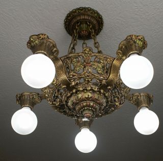 RARE 20 ' s Art Deco Antique Vintage Riddle Ceiling Light Fixture Chandelier 3