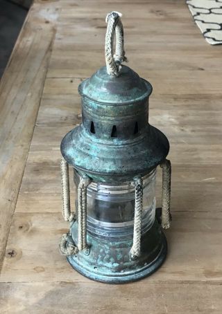 Antique Perko Nautical Marine Ship Lantern Kerosene Oil Lamp Rope Wrap Handles